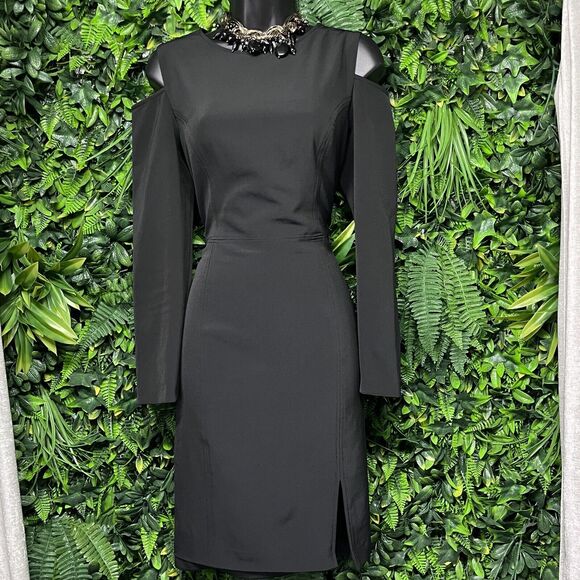 AIDAN MATTOX Dress Women 10 Black Cold Shoulder Sheath Front Split 1966 - Picture 2 of 10